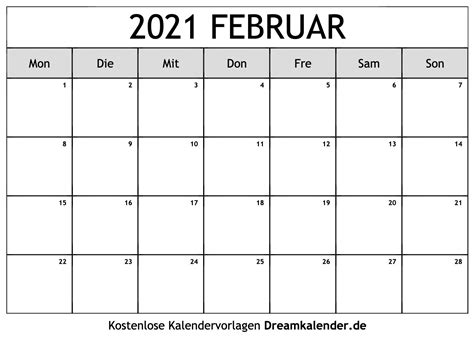 Leerer kalender für den druck januar 2021. Kalender Februar 2021