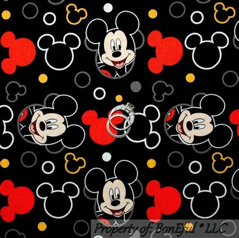Boneful Fabric Cotton Quilt Black Red Yellow Disney Mickey Mouse Head