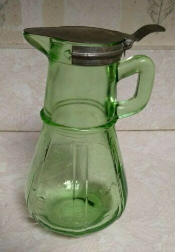 Vintage Green Depression Glass Syrup Pitcher Hazel Atlas Vaseline Glass