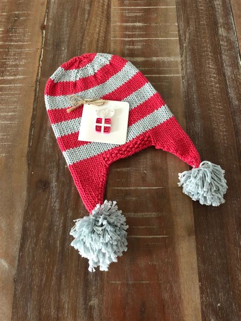 Hand Knit Striped Hat With Pom Poms Etsy Hand Knitting Soft Yarn