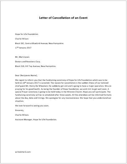 Formal Letter Of Cancellation Of An Event Download
