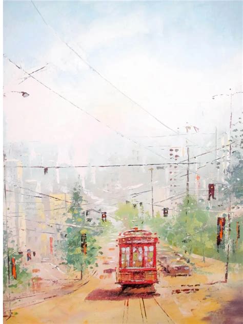 Original Oil Painting Midday Tram Painting On Canvas Modern City