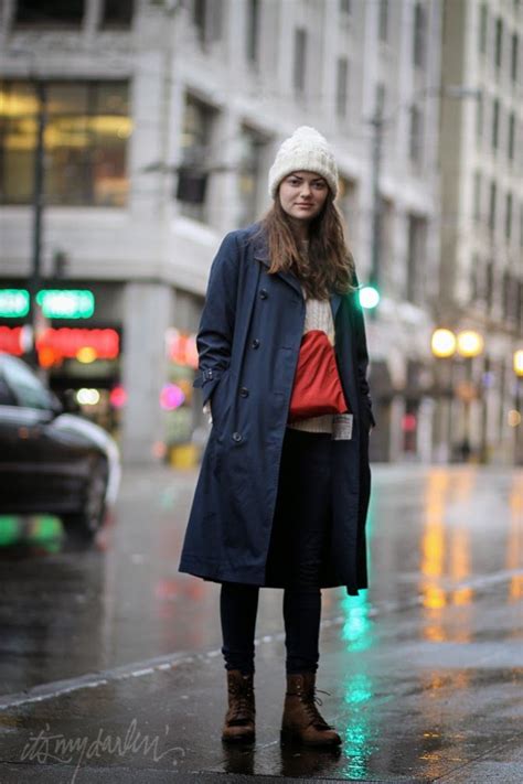 Seattle Street Downtown Seattle Pnw Style Navy Trench Coat Raincoat