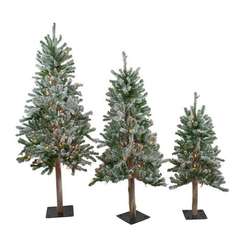 Set Of 3 Pre Lit Flocked Alpine Artificial Christmas Trees 3 4 And 5