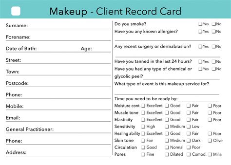 Makeup Client Card Treatment Consultation Card Beauty Stationery