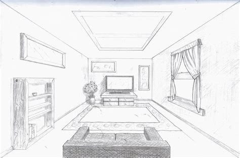 Drawn Living Room 1 Point Perspective 11 736 X 487 Clip