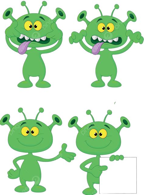 Cute Green Alien Cartoon Collection Set Illustration Smile Recreation