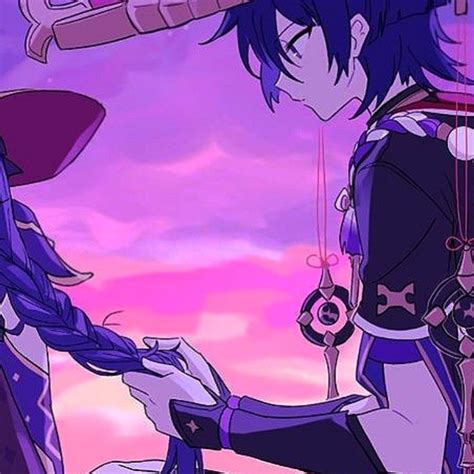 Two Anime Characters Standing Next To Each Other In Front Of A Purple