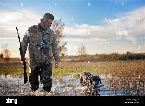 Duck Hunter Walking Through A Shallow Lake Alongside His Dog Who Is