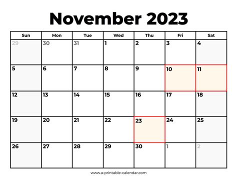 November 2023 Calendar With Holidays A Printable Calendar