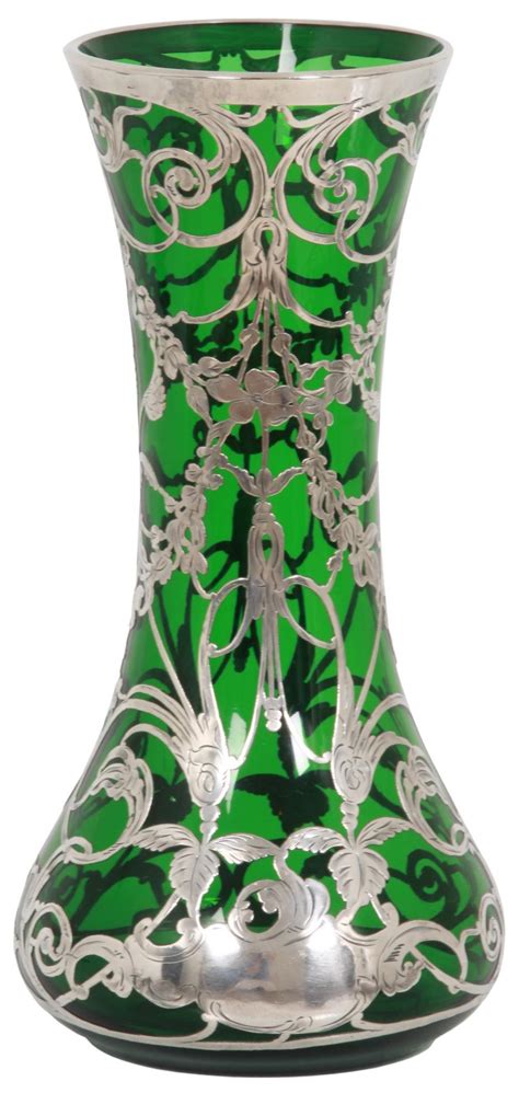 Lot Sterling Silver Overlay Green Glass Vase