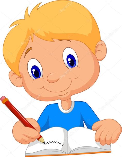 Dibujos Animados Niño Feliz Escribiendo En Un Libro — Vector De Stock