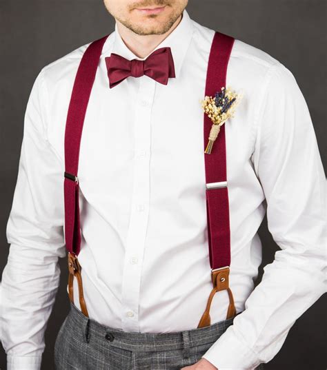 Burgundy Suspenders For Men Brown Leather Wedding Suspenders Etsy