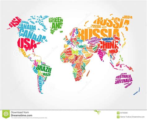 Mapa Del Mundo En Nube De La Palabra De La Tipografía Stock De