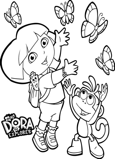 Dora And Monkey Playing With Butterflies Coloring Page Wecoloringpage Com