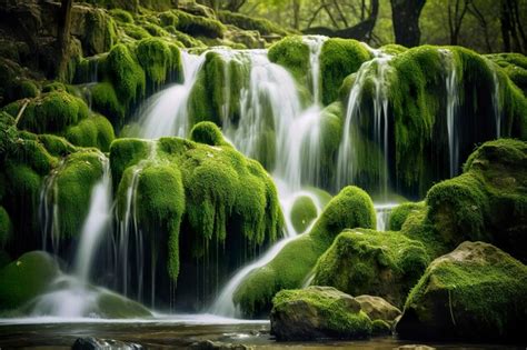 Premium Ai Image Waterfall Landscape With Rocks Covered In Green Moss