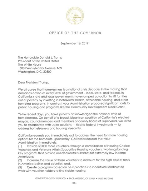 All references to a company or to the person representing the company should. Letter to the President from California Governor Gavin Newsom Addressing Homelessness ...