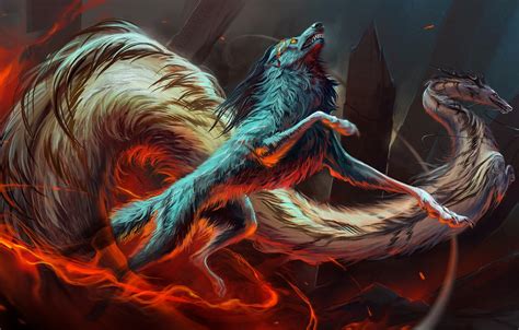 Обои движение скалы огонь дракон волк Fire Rocks Wolf Dragon