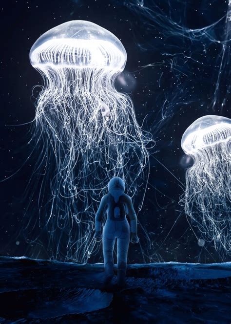 Astronaut Meets Jellyfish From Space Universe Plakáty Obrazy A