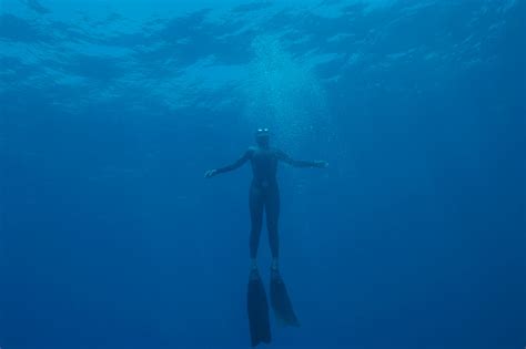 Freediving Apnea Women Snorkeling Underwater Diving Sea Adventure Stock