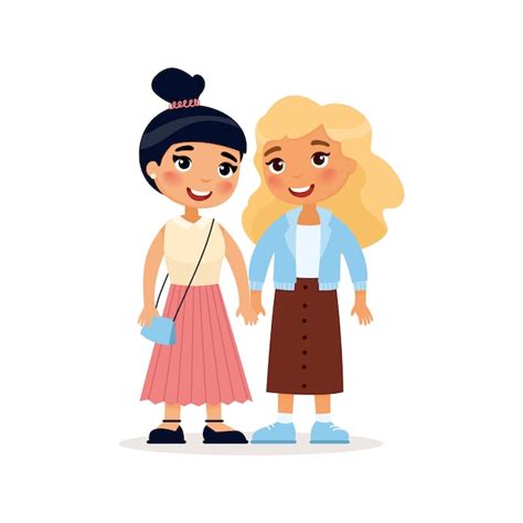 Две молодые подружки или лесбийская пара держась за руки забавный мультипликационный персонаж