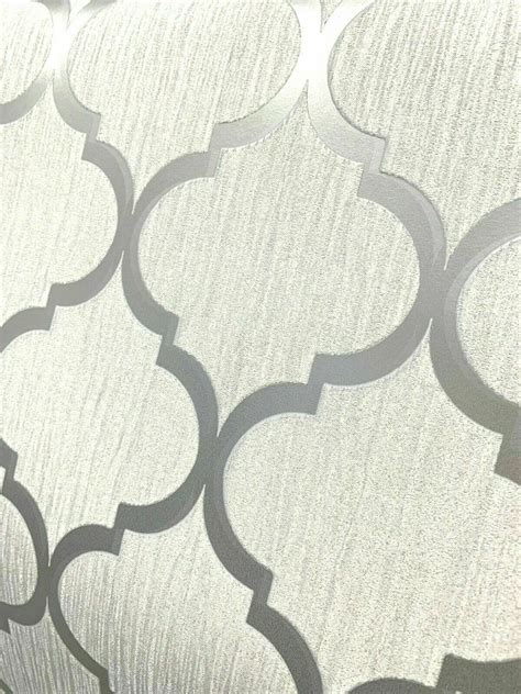 Crystal Trellis Geometric White Silver Sparkle Glitter Vinyl Wallpaper