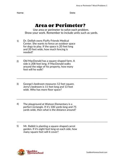 free worksheet area and perimeter word problems