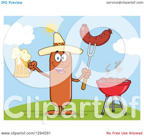 Clipart Of A Cartoon Happy Mexican Sausage Character Holding A Beer And
