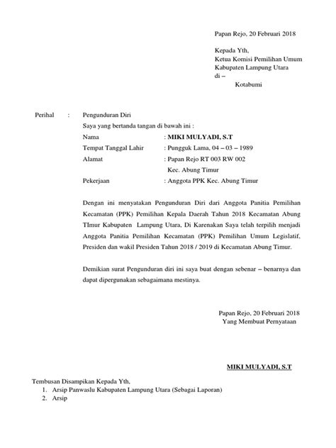 Contoh Surat Pengunduran Diri Dari Calon Ketua Rt Kumpulan Contoh