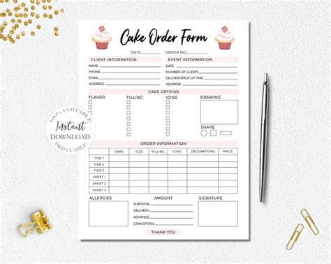 Editable Cake Order Form Template Bakery Order Form R