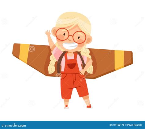 Excited Girl With Improvised Fake Wings Pretending Flying Standing And