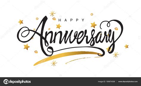 Happy Anniversary Lettering Black Text Banner Golden Stars Ribbon