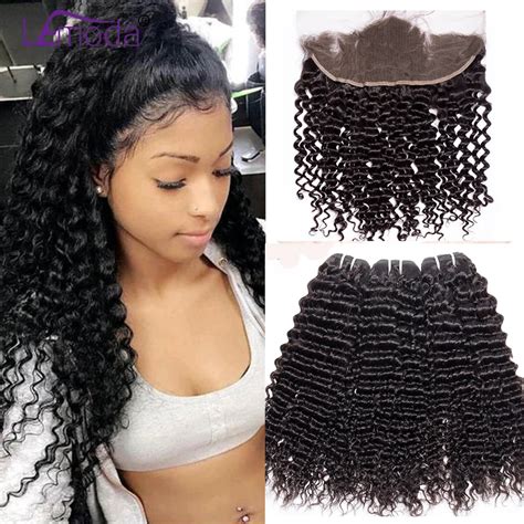 brazilian deep wave human hair 3 bundles with lace frontal closure lemoda non remy deep wave