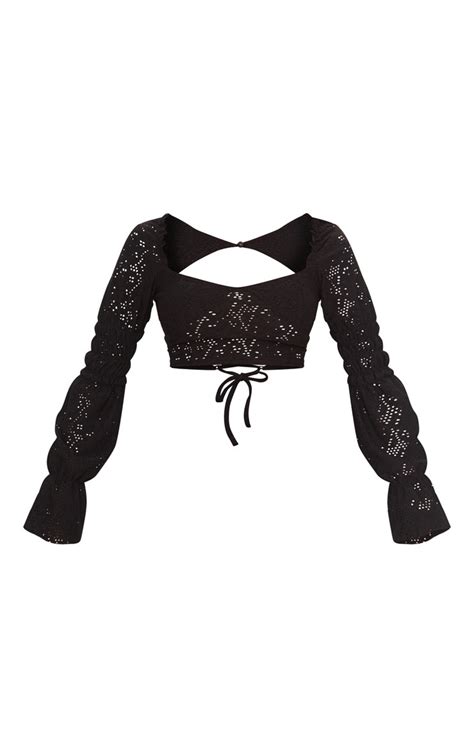 Petite Black Broderie Anglaise Tie Back Crop Top Prettylittlething