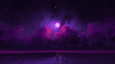 Sky Couple Night Clouds Purple Moon Bisbiswas Digital Painting