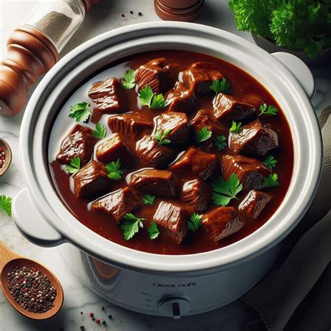 Premium Ai Image A Slow Cooker Beef Stew With A Rich And Thick Gravy In A White Crockpot