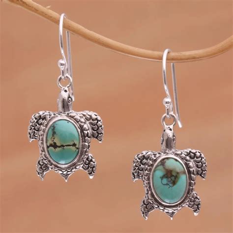 Sterling Silver Dangle Earrings Turtle Pond Turquoise Turtle
