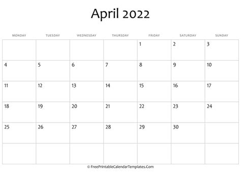 Fillable April Calendar 2022 Horizontal