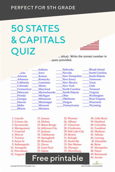 50 States And Capitals Quiz Worksheet States And