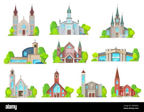 Catholic Church Buildings Vector Icons Cathedral Chapels And