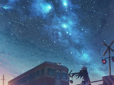 Wallpaper Railroad Car Night Anime Starry Sky Anime Girl Scenic