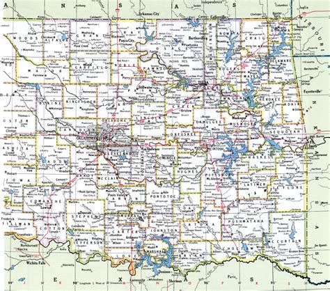 Oklahoma State County Map With Cities Towns Roads Highway Counties