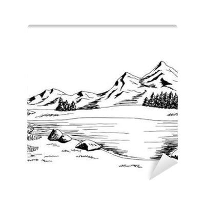Fototapet Mountain lake grafikk kunst svart hvitt landskap illustrasjon ...