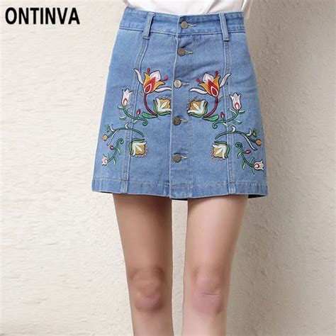 School Girl A Line Mini Denim Skirts Pants Embroidery Single Breasted Skirts 2018 New Women