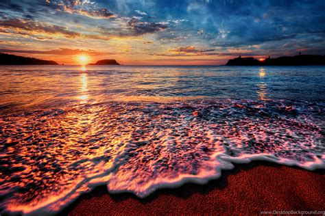 Sunsets Sunset Beach Ocean Sand Wave Sea Shore Wallpapers Desktop