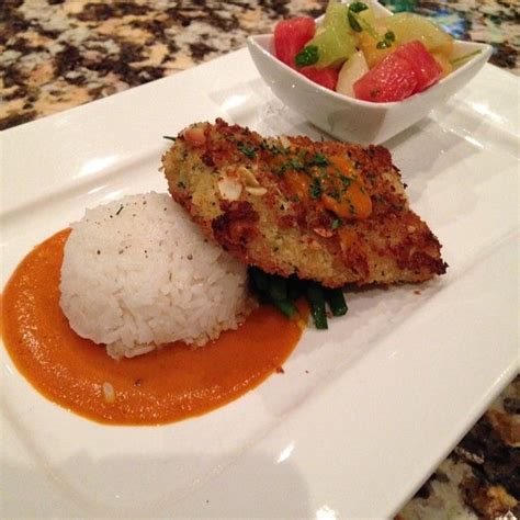 From squirreldrool 12 years ago. lump crab and almond crusted Mahi-Mahi, steamed jasmine ...