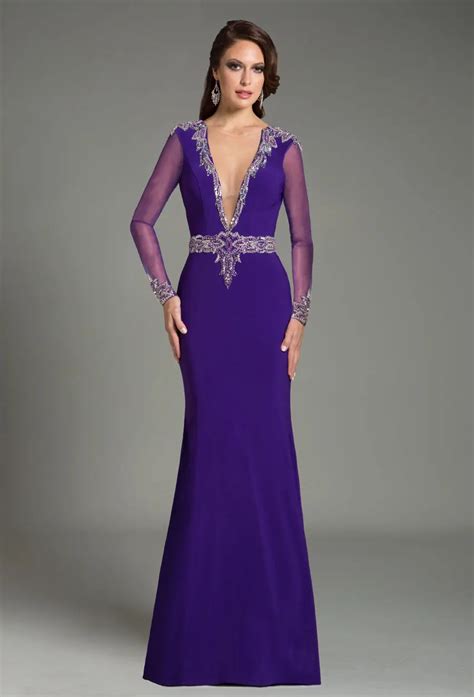 Long Purple Evening Dresses Sexy Deep V Neck Formal Long Prom Dresses Modest Beaded Crystal With