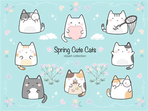 Clipart Set Voor De Lente Met Kawaii Cute Cat Platte Cartoon Vectorillustratie Katten Stickers
