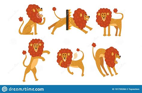 Set Of Cute Funny Lion Cartoon Character In Various Poses Cartoon Style
