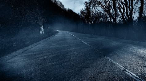 Gray Concrete Road Between Trees During Nighttime Hd Wallpaper